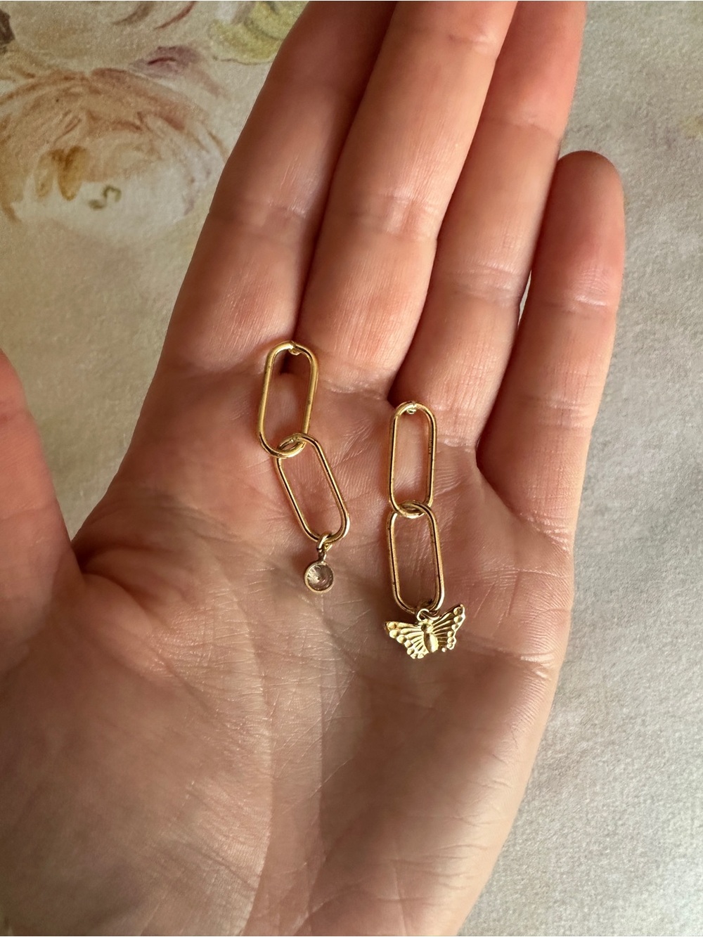 Gold Link Drop Earrings with Butterfly and Crystal Charms